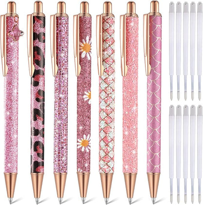 Sherr 7 Pcs Fancy Pens for Women Cute Sparkly Glitter Pens with 10 Pcs Black Ink Refills Pretty Gifts for Girls Office School Christmas Graduation(Pink,Cute)