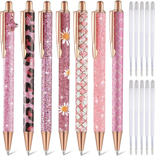 Sherr 7 Pcs Fancy Pens for Women Cute Sparkly Glitter Pens with 10 Pcs Black Ink Refills Pretty Gifts for Girls Office School Christmas Graduation(Pink,Cute)