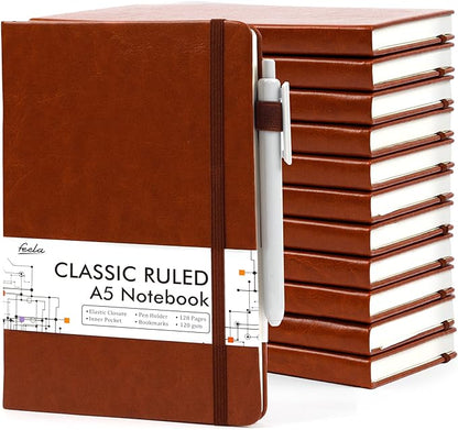 feela 12 Pack Notebooks Journals Bulk with 12 Black Pens, A5 Hardcover Notebook Classic Ruled Journal Set with Pen Holder for School Business Work Travel Writing, 120 GSM, 5.1”x8.3”, Brown