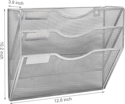 EASEPRES 3 Pocket Mesh Hanging Wall File Organizer, Wall Mounted Mail Paper Document Folder Holder, Clipboard Storage Organization Magazine Rack with Nametag Label for Office Home School, Silver