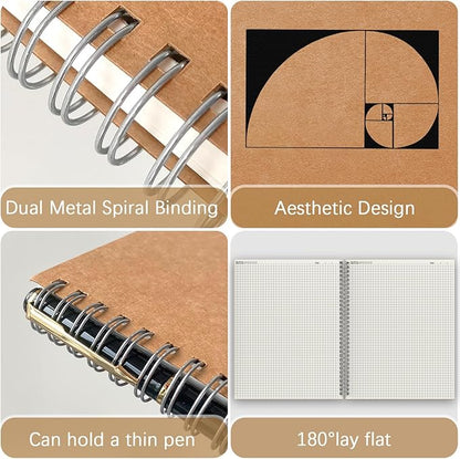 A4 Graph Paper Notebook, 2 Pack Large Spiral Grid Notebook, 200 Pages 100gsm Thick 5mm Square Paper Quad Notebook for Engineering, Math, Taking Notes, Drawing - Kraft Brown Cover, 8.5" x 11"