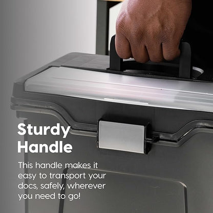 IRIS USA File Box with Lid File Organizer for Letter File w/ Organizer-Lid, Plastic Mobile Filing Organizer, Water Resistant Document Box, Portable File Box with Handle, Secure Buckle, Lockable, Black