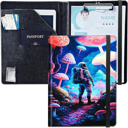 PU Leather Padfolio Clipboard Notepad with Pen Loop and Elastic Strap Interview/Resume Document Organizer for Business School Office,Astronaut Under Mushroom