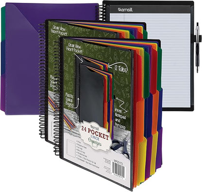 Samsill 2 Pack Deluxe 24 Pocket Spiral Project Organizer with Refillable Notepad, Customizable Front Cover, 12 Dividers with Erasable Write-On Tabs in Assorted Colors, Plastic Folders with Pockets