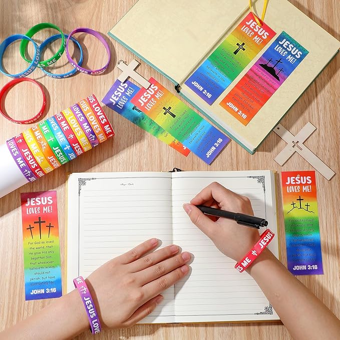 30 Sets/ 60 Pcs Jesus Loves Me Wristbands with John 3: 16 Religious Christian Bookmarks Gift, Include 30 VBS Bible Verse Rubber Wristbands 30 Inspirational Cross Bookmark for Sunday School