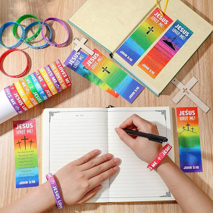 30 Sets/ 60 Pcs Jesus Loves Me Wristbands with John 3: 16 Religious Christian Bookmarks Gift, Include 30 VBS Bible Verse Rubber Wristbands 30 Inspirational Cross Bookmark for Sunday School
