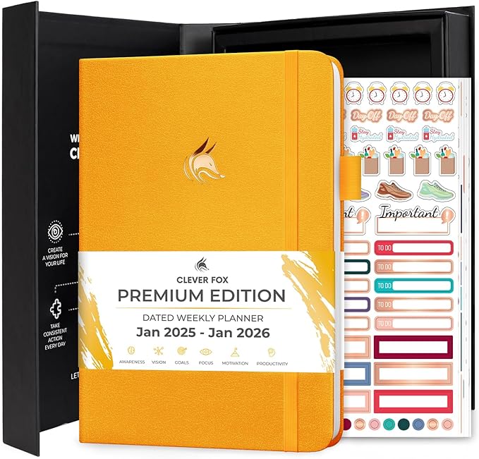 Clever Fox Dated Planner Premium Edition – 2025-2026 Weekly Planner for Planning, Goal Setting & Time Management – Planner Notebook with Habit Tracker & to-do List – A5 Size (Amber Yellow)