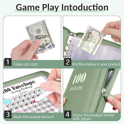 Sooez Savings Challenges Book with Extra Pocket Storage, Zipper Closure 100 Envelopes Money Saving Challenge, PU Saving Binder with Cash Envelope & Laminated Tracker for Cash Bill, 8.3”x 10.5”, Pink