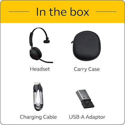 Jabra Evolve2 65 MS Wireless Headset with Link380a, Mono, Black – Wireless Bluetooth Headset for Calls and Music, 37 Hours of Battery Life, Passive Noise Cancelling Headphones