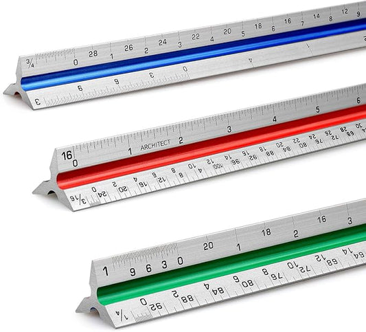 12" Architectural Scale Ruler Aluminum Architect Scale Triangular Scale Ruler for Architects, Draftsman, Students and Engineers, Color-Coded (1 Pack)