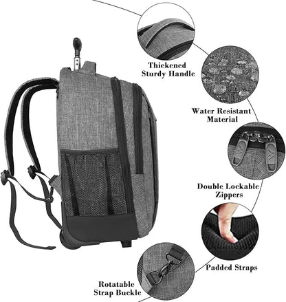 MATEIN Rolling Backpack with Wheels, Water Resistant Travel Laptop Backpacks for Women Men, Large College Wheeled Backpack for Adult, 17 Inch Roller Computer Bag, Carry On Luggage for Airplanes, Grey