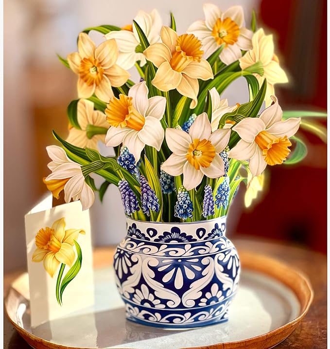 Freshcut Paper Pop Up Cards, English Daffodils 12 inch Paper Flower Bouquet Greeting Cards with Blank Note Card & Envelope, Birthday Gifts for Women