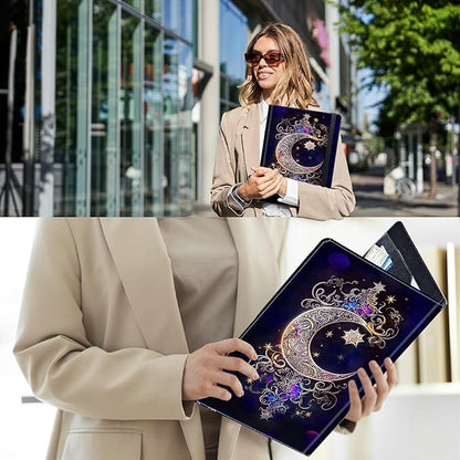 PU Leather Padfolio Folder Clipboard Portfolios Organizer Conference Document Organizer with Business Card Holder Storage Clipboard Writing Pad,Moon Star Galaxy Floral