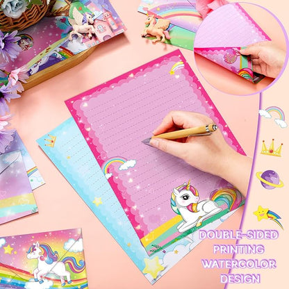 TaoBary 160 Packs Stationery Paper Set (50 Double Sided Stationery Writing Papers 50 Matching Envelopes) 60 Round Dot Sticker, 10 Design(Unicorn,8.5 x 11 Inch)