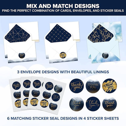 Decorably 24 Pack Glittery 6x4in Blue and Gold Thank You Cards with Envelopes and Stickers, 24 Elegant Designs Navy Blue Thank You Cards, Blank Inside - Birthday, Wedding, Anniversary