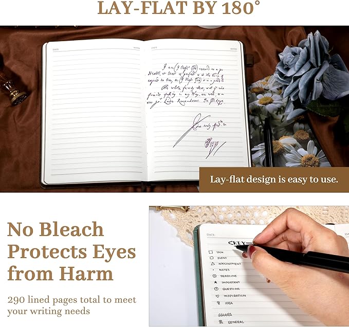 CAGIE Leather Journal for Men Hardcover Journals for Writing with Pen, 290 Pages Lined Journaling Notebooks for Work Leather Vintage Journal Notebook, 6.1" x 8.5", Green