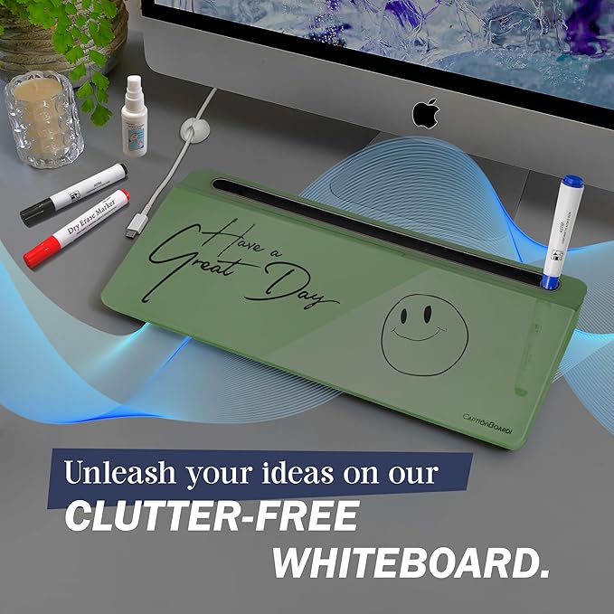 15-Inch Desktop Whiteboard - Glass Dry Erase Board for Desk Whiteboard with Stand with 3 Markers, Spray Bottle, 3 Cable Holders & Storage Box Work from Home Office Gadgets, Green