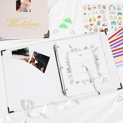 Vienrose Wedding Planner Book Set for the Bride, Gold Foil 'Wedding Planner' Linen Cover with Window Wedding Binder Includes Multiple Accessories Engagement Gifts for Women Wedding Planning Book