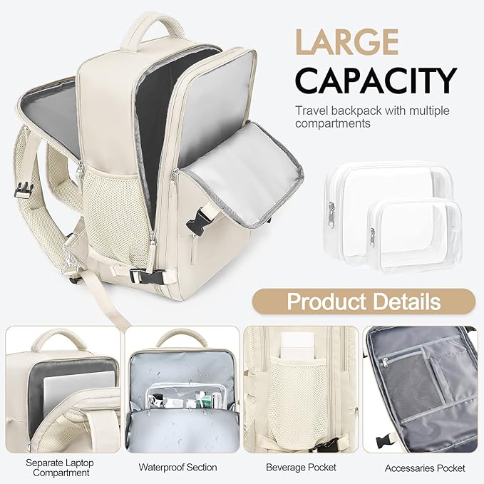 Travel Backpack for Men Women, Airline Approved Carry-on Backpack Luggage, Personal Item Backpack Bag, Large Gym Work Backpack, Beige