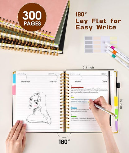 Hardcover Spiral Notebook journal with Removable Dividers Tabs, 300 Pages Leather 5 Subject Notebook College Ruled, 8"x10" Large B5 Notebooks for Work School Note taking, Lined Journal for Women,Black