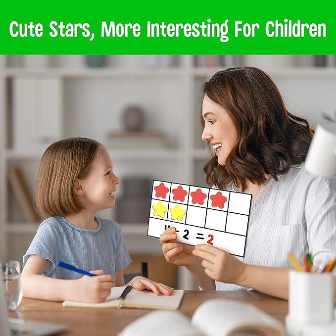 Magnetic Ten-Frame Set, 6 Frames & 66 Colorful Star-Shaped Counters Ten Frame Math Games Manipulative Counting Toys for Kindergarten Preschool, 6 Colors & 2 Markers (Fridge & Hand-held)
