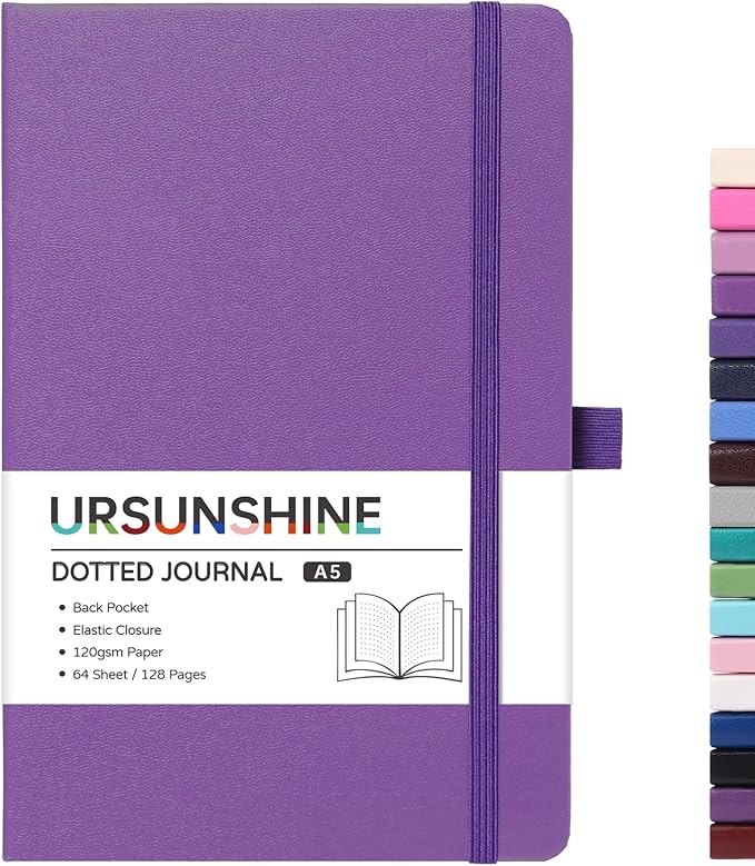 Dotted Journal/Notebook - Dot Grid Hard Cover Notebook, Premium Thick Paper with Fine Inner Pocket, Black Smooth Faux Leather, Pen Loop, 5.3'' x 8.26'' - Lavender