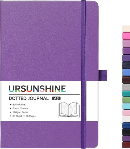 Dotted Journal/Notebook - Dot Grid Hard Cover Notebook, Premium Thick Paper with Fine Inner Pocket, Black Smooth Faux Leather, Pen Loop, 5.3'' x 8.26'' - Lavender