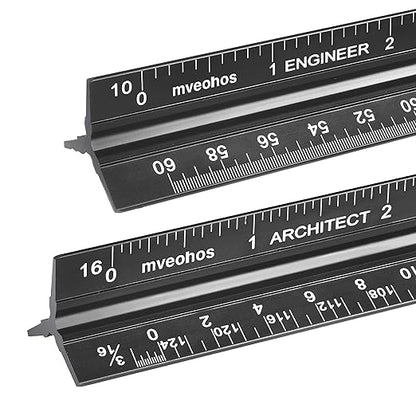 Architectural and Engineering Scale Ruler Set, Imperial Measurements 12'', Black Laser-Etched Aluminum Architect Triangular Ruler for Architects, Students, Draftsman, and Engineers