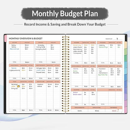 SUNEE Budget Planner - Monthly Budget Book with Expense Tracker Notebook, A4(8.5" x 11") Undated 12 Month Bill Organizer & Finance Planner to Manage Your Money, Account Book with Colorful Tab, Black