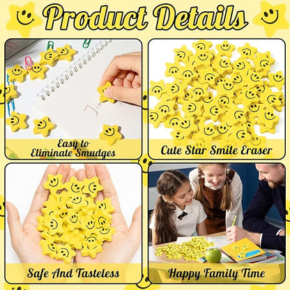 120pcs Star with Smile Face Mini Erasers Fun Smiley Face Yellow Cartoon Eraser Assortment Cute Smiling Desk Puzzle Erasers for Kids School Carnival Reward Student Prizes Birthday Gifr Filler