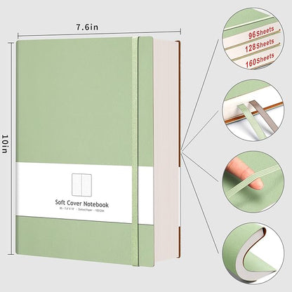 AHGXG Bullet Dotted Journal - 320 Pages Dot Grid Notebook B5 Large Journal, 100gsm Thick Dotted Paper, Leather Softcover, with Journal Stencils, Inner Pocket, 7.6'' X 10'' - LightGreen