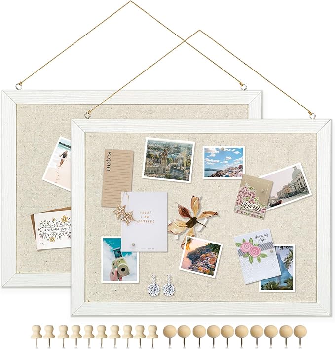 DOLLAR BOSS Bulletin Boards with Linen 2-Pack 16''X 12'' Cork Board for Walls Wood Framed Bulletin Boards, Small Pin Board for Home Kitchen Office Decorative Hanging 20 Pushpins