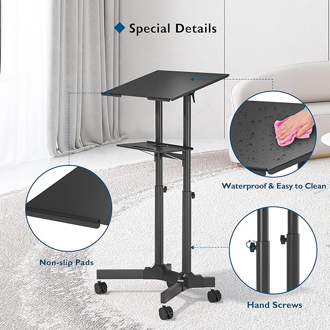 BONTEC Lecterns & Podiums Portable Mobile Standing Laptop Desk, Sit Stand Desk, Height Adjustable Home Office Classroom Pulpit Stand Up Desk Workstation, Rolling Table Laptop Cart with Storage Tray