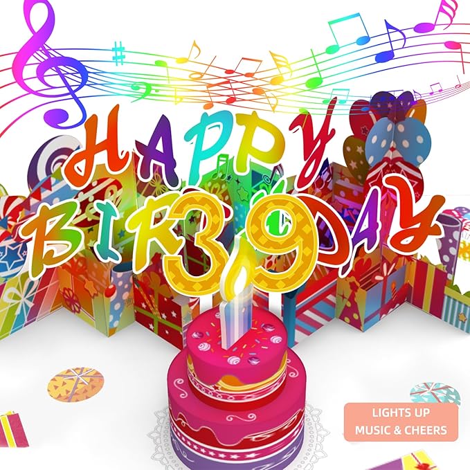 Gumry 39TH Musical Birthday PopUp Card, Blowable Colorful Light Candle 3D Cards with Song, Applause Cheers Sound, Greeting Cards Birthday Gifts Decorations for Women Men Turning 39 Years Old