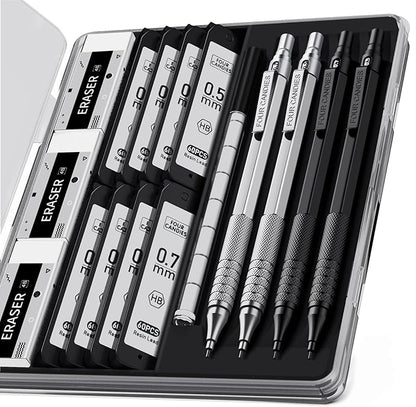 Four Candies 4PCS Metal Mechanical Pencils Set with Case, 0.5mm & 0.7 mm Artist Pencil with 8 Tubes (480PCS) HB Lead Refills, 3 Erasers,9 Eraser Refills For Writing Drafting, Drawing, Black&Silver