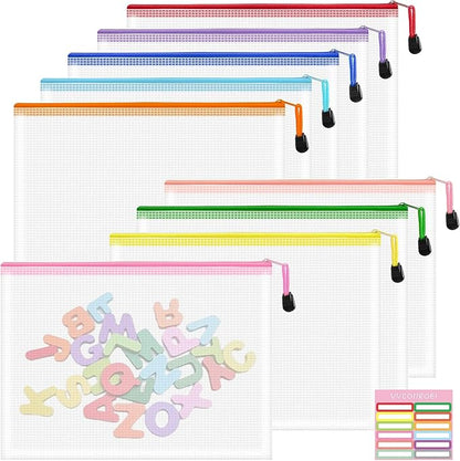9pcs Mesh Zipper Pouch Bags, B5 Mesh Pouch, Plastic Zipper Pouches, 9 Colors for Organizing, Board Game Storage, Travel, School, Office