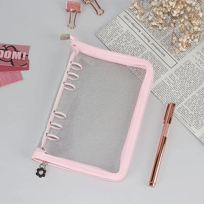 Multibey Pink A6 Binder Cover Clear Soft PVC 6-Ring Binder Budget Cash Evelopes System with Zipper Planner Organizer Refillable Notebook Journal Binder (Pink, A6)