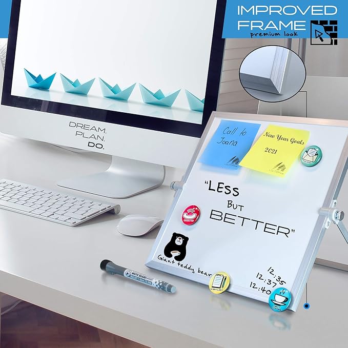 Small White Board 10"X10" - Desktop Dry Erase Whiteboard with Stand, 3 Markers, 4 Magnets & Eraser - Tabletop Double-Sided Portable Mini White Board Easel for Office Desk, Kids Home School Students