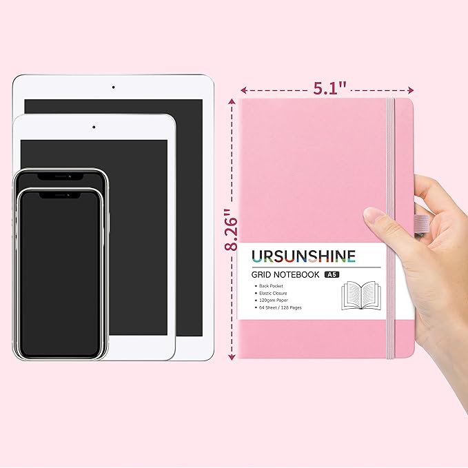 Graph Grid Paper Notebook/Journal - Classic Journal/Notebook with Ribbon Divider, Hardcover with Thick Paper, 5.3" x 8.26", Banded + Pen Holder +Inner Pocket - Pink