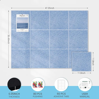 Large Cork Bulletin Board for Wall 48"x36", 12 Pack Felt Wall Tiles with 80 Pushpins, 60 Safe Removable Adhesive Tabs, Decorative Pin Board Tack Board for Office Home School, Light Blue