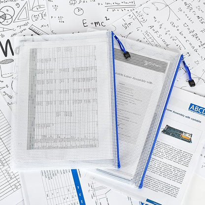 AUSTARK 20 Pcs Zipper File Bags, Plastic Mesh Pouch, Board Game Storage Bag, Waterproof Bags for Office School (A4 Size 13.4''x9.4'', White and Blue)