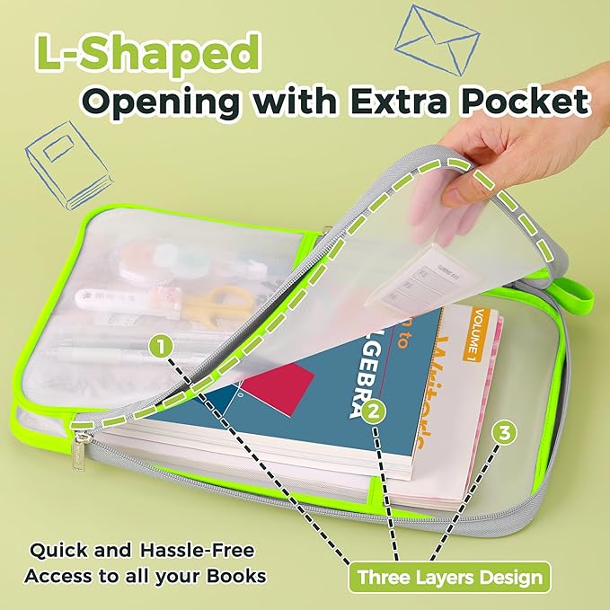 Pendancy Mesh Zipper Pouch 14.8x10.8 in Transparent Lightweight Nylon File Folders, A4 Size Multi-Layer Subject Document Organizer Accessories Storage Bag for Office and School Supplies(Yellow)