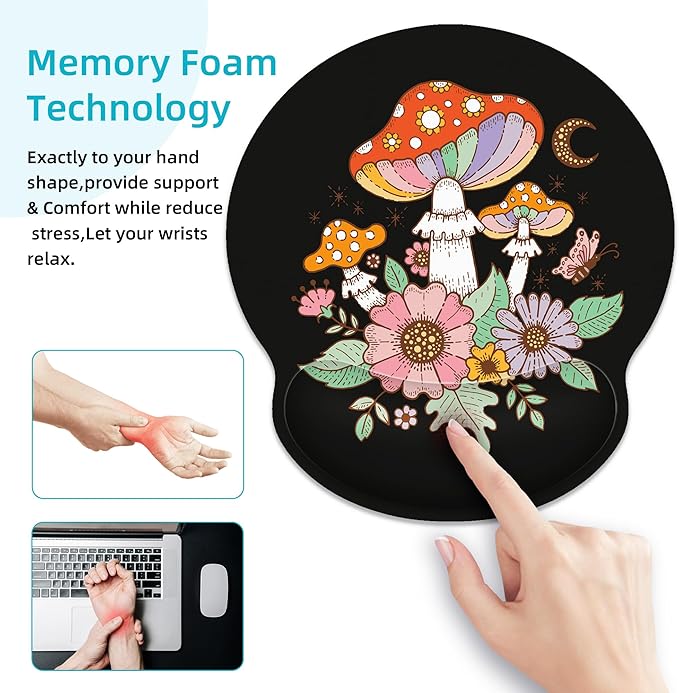 Ergonomic Mouse Pad with Wrist Support,Black Mushroom Mouse Pad with Wrist Rest,Relieve Wrist Pain Mousepad Non-Slip Rubber Base,Mouse Pads for Desk,Computers,Laptop,Office,Gaming,Accessories
