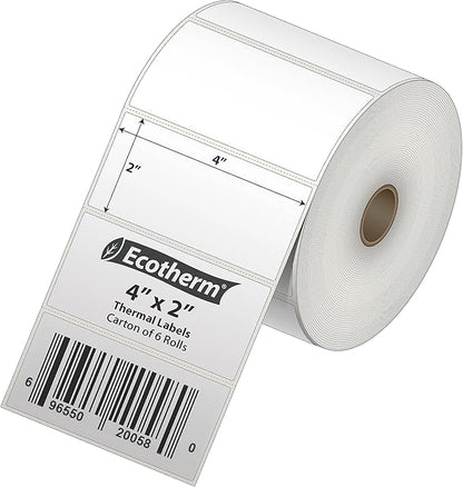 4" x 2" Thermal Labels | 6 Rolls | 7500 Labels | fits Zebra, Munbyn, Rollo, Godex, Arkscan, iDPRT, Offnova Thermal Label Printers and More | Blank White Adhesive Stickers by Ecotherm