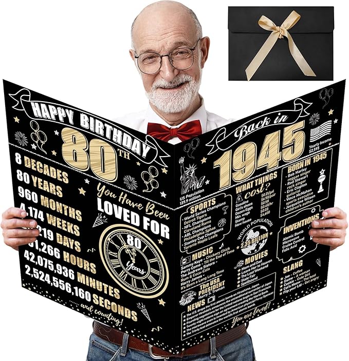 Large 80th Birthday Card With Envelope for Men Women, 1945 Black Gold Happy 80th Birthday Giant Guest Signature Book Gifts, Big Vintage 1945 80th Greeting Card Decoration Party Supplies