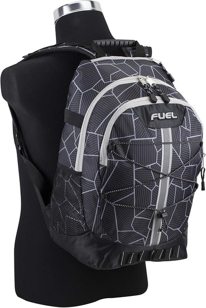 FUEL Hiking Backpack for Women Men Terra Sport, Travel, College, Gym, Work with Laptop Sleeve, Bungee, 18 Inches, Black Geometric