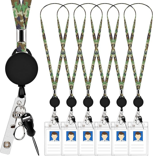 6 Pack Retractable Badge Lanyards and ID Badge Holder, Strap Lanyard with Swivel Metal Clasp for Badge Holders, Keychains, Offices, Staff, Students, Employees, Camouflage