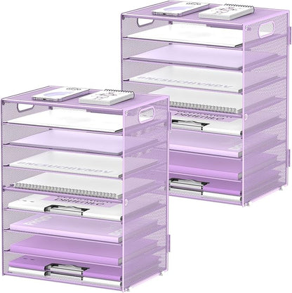 DALTACK 9-Tier Paper Letter Tray Desk Organizer with Handles, Mesh File Holder Organization, Paper Sorter Desk Organizer for Office Home School, Purple 2 Pack