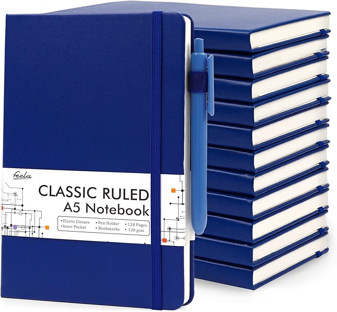 12 Pack Notebooks Journals Bulk with 12 Black Pens, Feela A5 Hardcover Notebook Classic Ruled Journal Set with Pen Holder for School Business Work Travel Writing, 120 GSM, 5.1”x8.3”, Navy