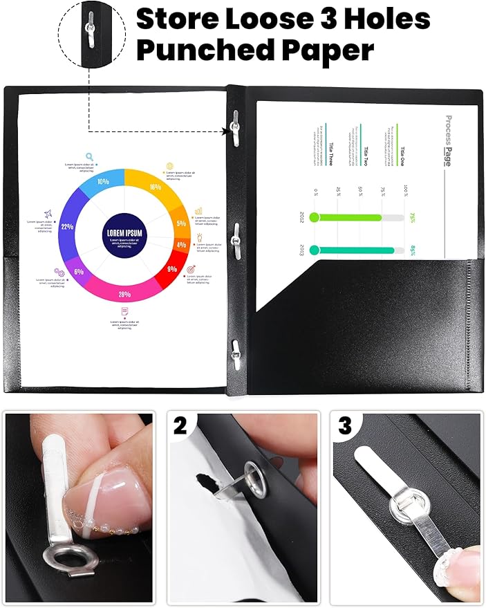 SUNEE 12-Pack Black Plastic Folders with Pockets and Prongs, Letter Size, 9 x 11.5 in